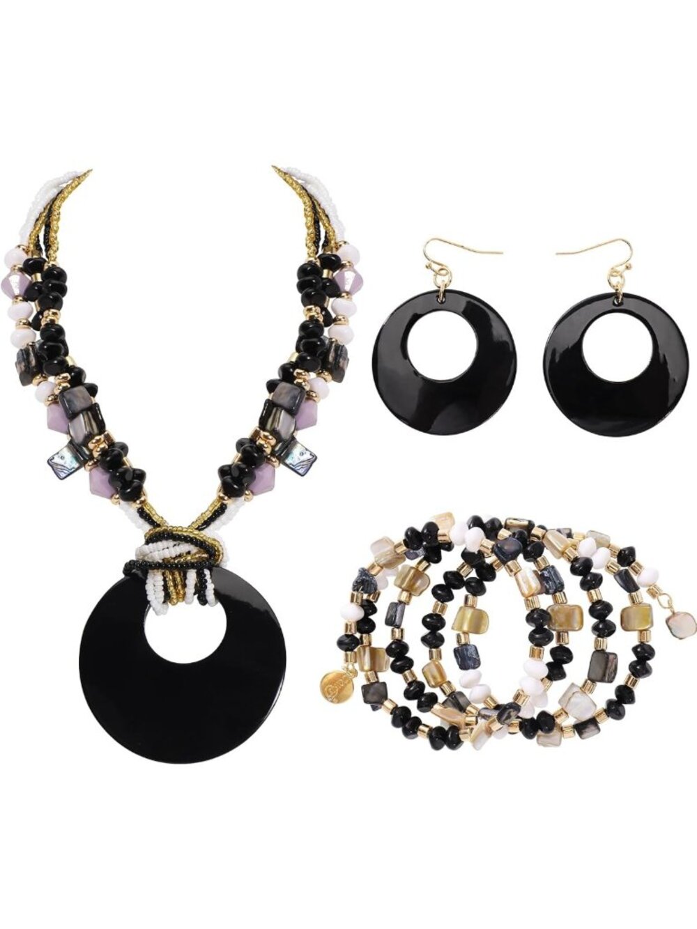 Boho Chunky Beaded Jewelry Set for Women - 4 Pcs Colorful Shell Necklace & More